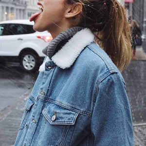 Oversized Fleece Fur Lined Denim Jacket with fur on sale - SOUISEE