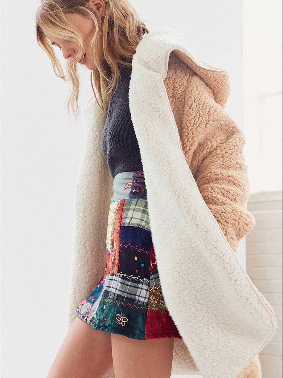 Revers Fuzzy Faux Fur Hooded Long Winter Coat on sale - SOUISEE
