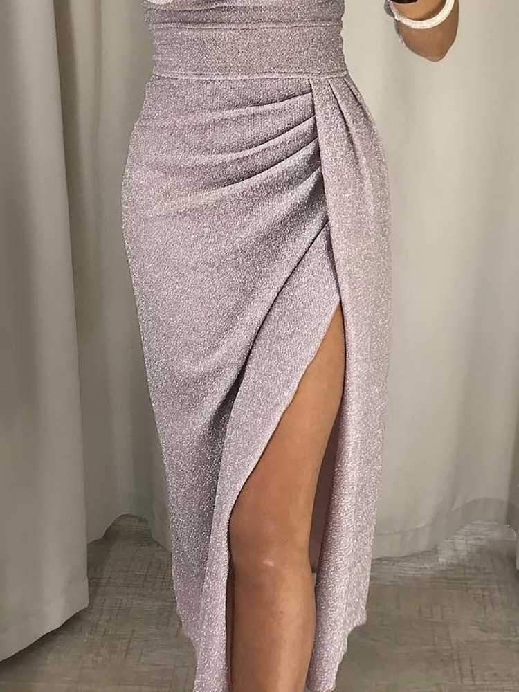 Glitter Half Sleeve High Waisted Off The Shoulder Split Dress on sale - SOUISEE