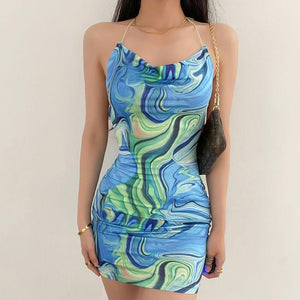 Marble Water Stripe Print Cowls Neck Dress Back Tie on sale - SOUISEE