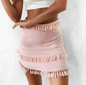 Linen Cotton Boho Chic Layered Tassels High Waist Pom Poms Mini Skirts on sale - SOUISEE