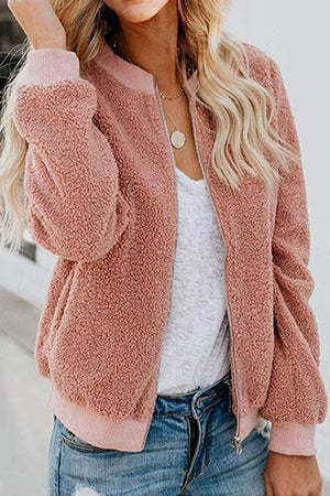 Casual Chubby Teddy Bear Sherpa Bomber College Baseball Jacket on sale - SOUISEE