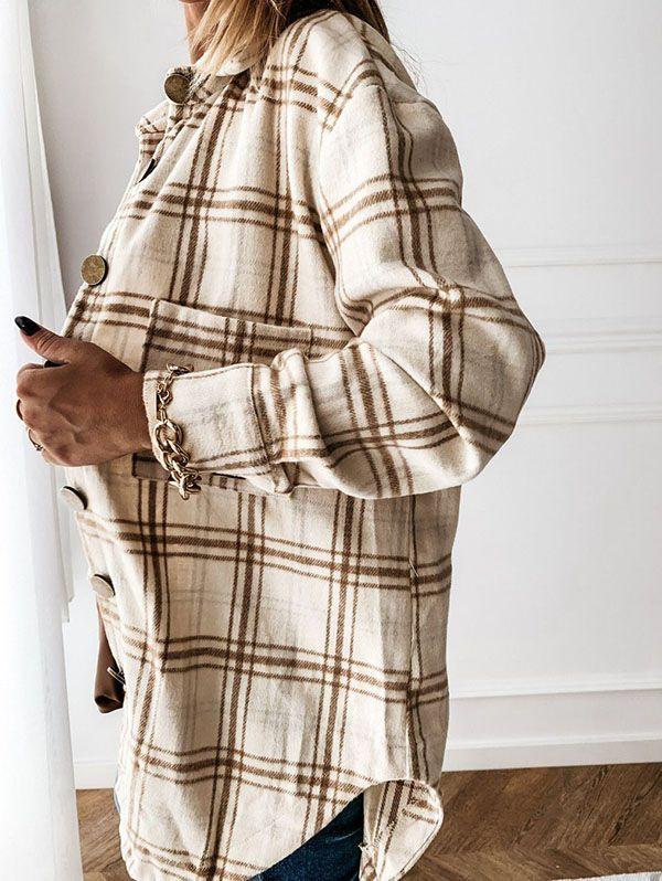 Blend Wool Brushed Plaid Pattern Shacket Collared Flannel Shirt Jacket on sale - SOUISEE