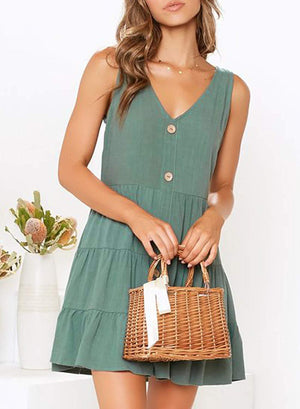 Cute Ruched V Neck Button Down Flowy A Line Sundress on sale - SOUISEE