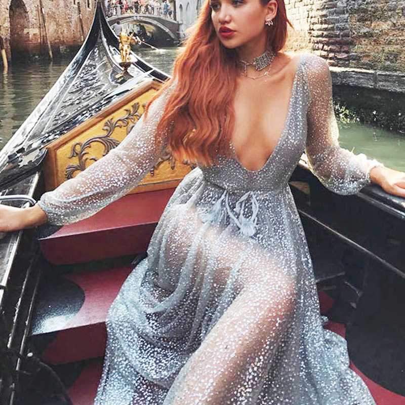 Gitter Sequins Deep Plunge Tie Waist Long Sleeve Sheer Mesh Dress on sale - SOUISEE