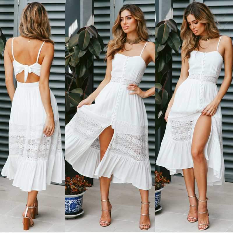 Elegant Eyelet Lace Tie Knot Back Sleeveless Button up Midi Dress on sale - SOUISEE
