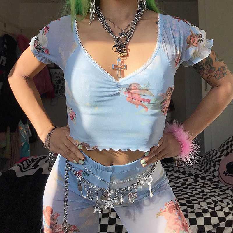 Vintage Angels Cherub Lace Trim V Neck Sheer Mesh Puff Sleeve Blouse on sale - SOUISEE