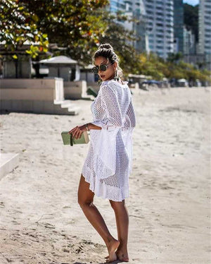 Boho High Low Puff Sleeve Crochet Beach Dress Swim Cover Ups on sale - SOUISEE