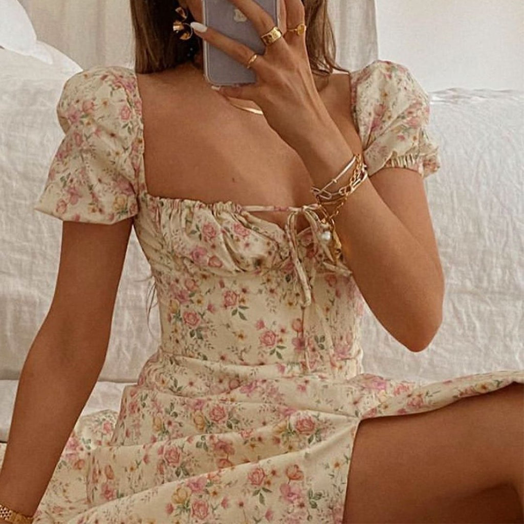 Boho Flower Garden Floral PUFF SLEEVE Square Neck Side Thigh Split Midi Dress on sale - SOUISEE