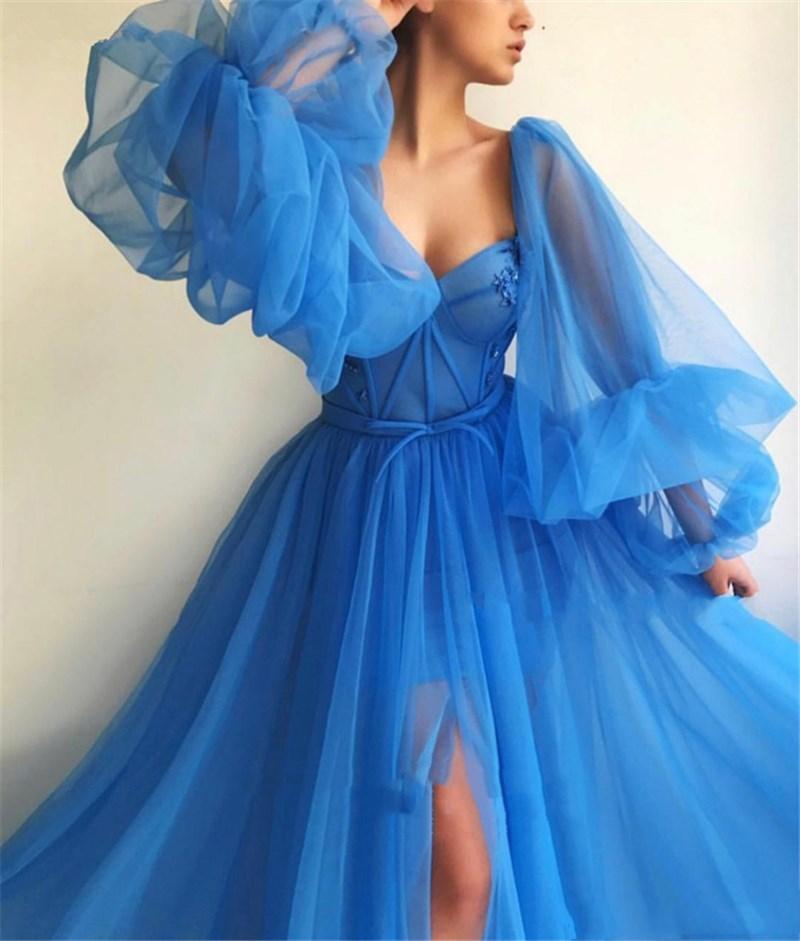 Embroidered Corset Puffy Sleeve Mesh Tulle Ball Gown Thigh Split Bridesmaid Dress on sale - SOUISEE
