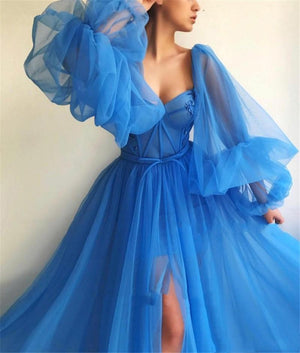 Embroidered Corset Puffy Sleeve Mesh Tulle Ball Gown Thigh Split Bridesmaid Dress on sale - SOUISEE