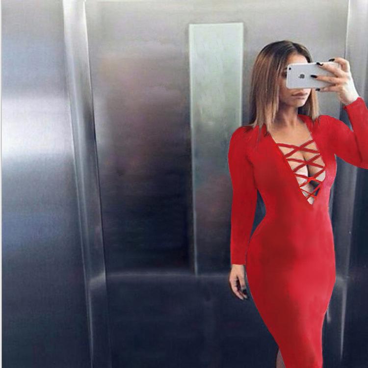 Plunging Front Criss Cross Bodycon Dress Long Sleeve on sale - SOUISEE