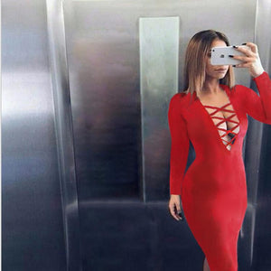 Plunging Front Criss Cross Bodycon Dress Long Sleeve on sale - SOUISEE