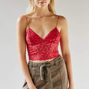V Neck lace trim cami crop top camisoles tanks tops on sale - SOUISEE