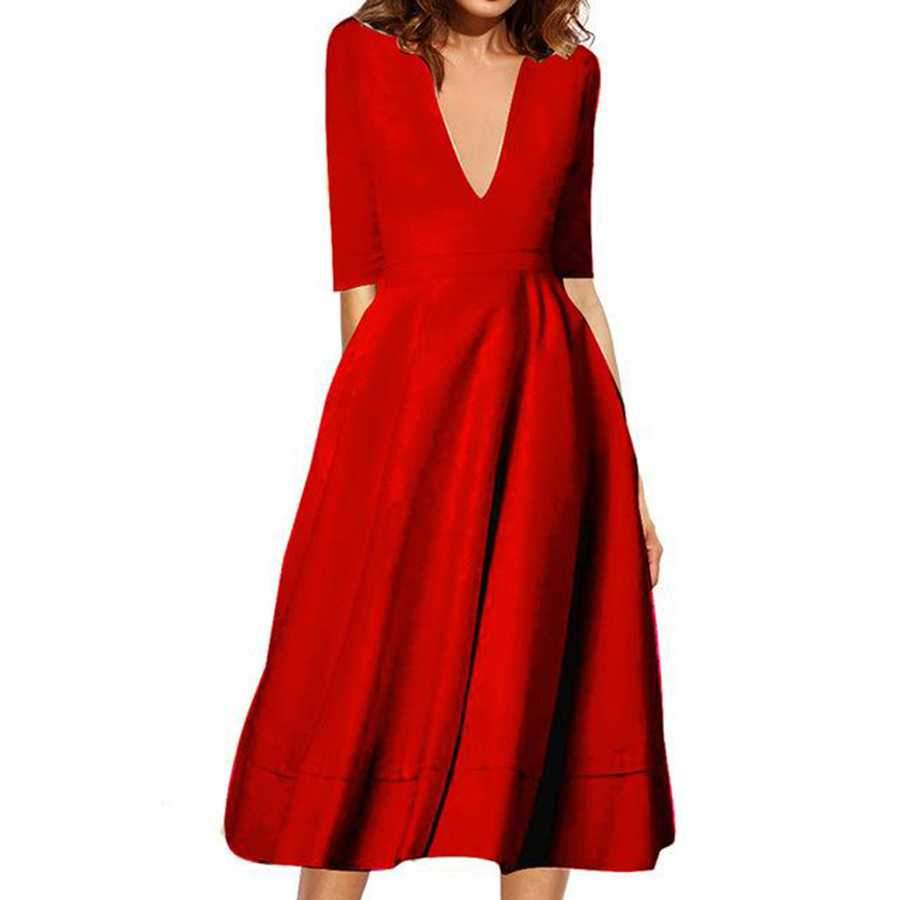 Classy Plunge Neckline Flowy Midi Work Dress on sale - SOUISEE