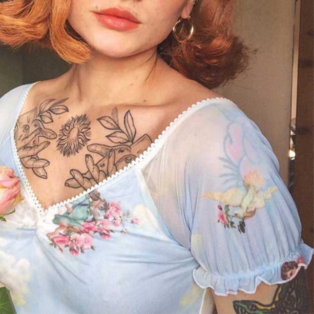 Vintage Angels Cherub Lace Trim V Neck Sheer Mesh Puff Sleeve Blouse on sale - SOUISEE