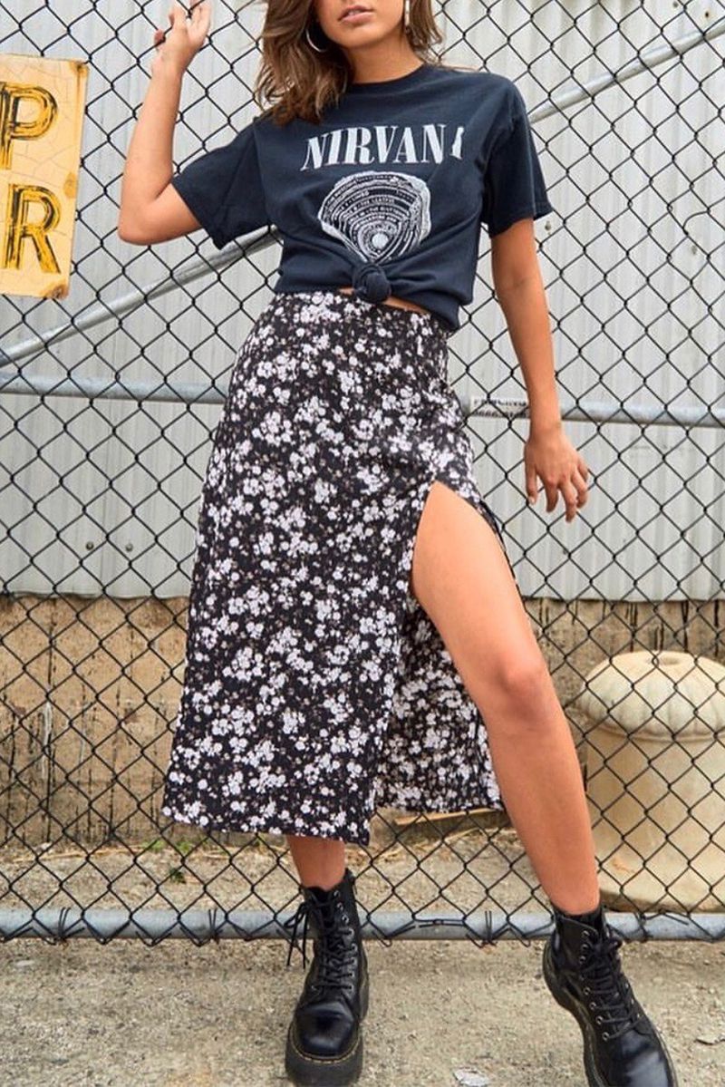 Slimming High Waisted Short Floral Skirt With Slit on sale - SOUISEE