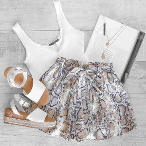 Retro Tie Waist Snake Print High Waisted Paperbag Shorts on sale - SOUISEE