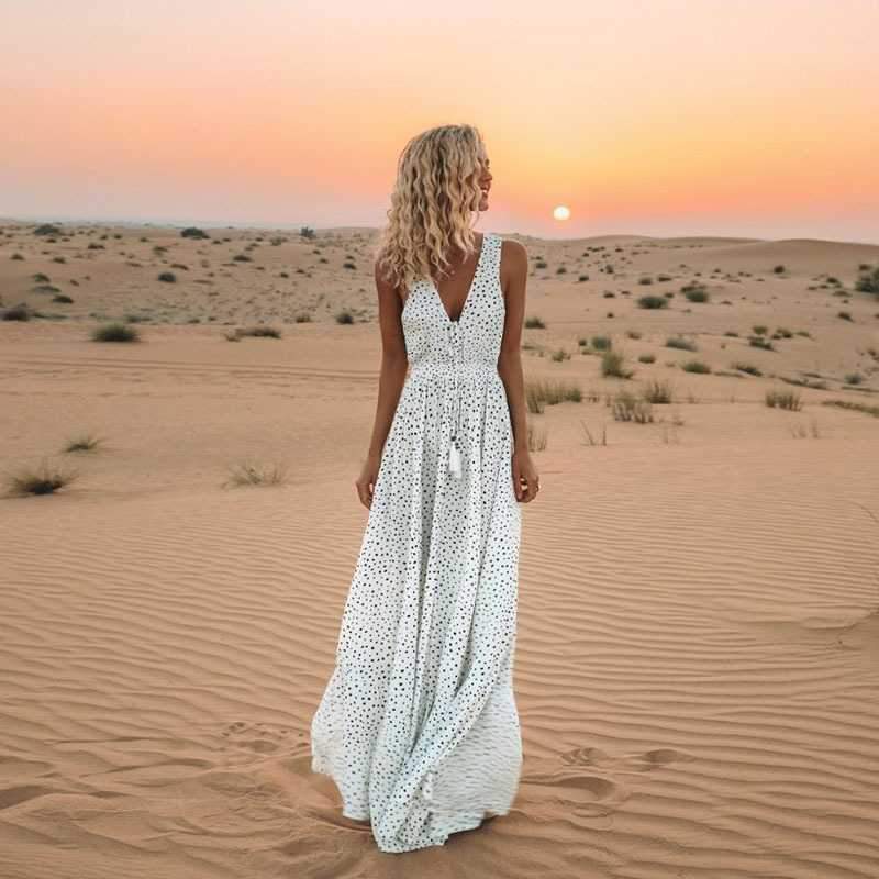 Vintage Plunge Casual Polka Dot Maxi Dress Long on sale - SOUISEE