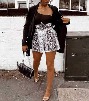 Retro Tie Waist Snake Print High Waisted Paperbag Shorts on sale - SOUISEE