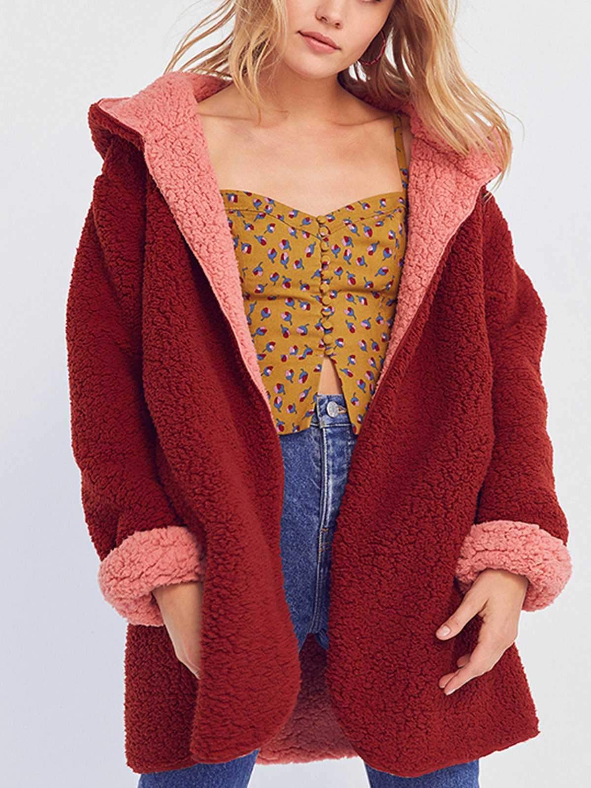Revers Fuzzy Faux Fur Hooded Long Winter Coat on sale - SOUISEE