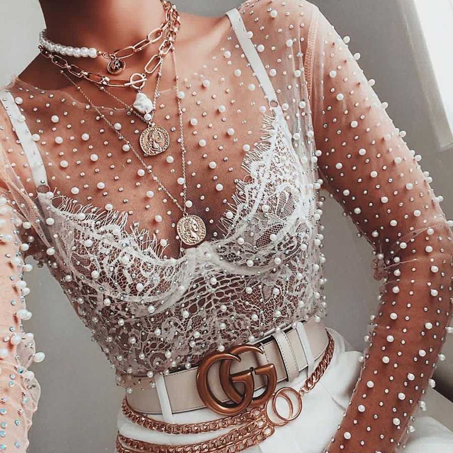 Fabulous Pearls And Rhinestone Studded Embellished Sheer Mesh Lace Shi –  SOUISEE