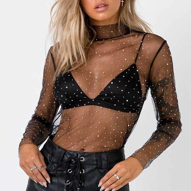 Chic Sparkle Embellished Sheer Mesh Sequin Top Tees on sale - SOUISEE