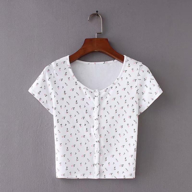 Ribbed Floral Short Sleeve Button Up Crop Top Tee Shirt on sale - SOUISEE