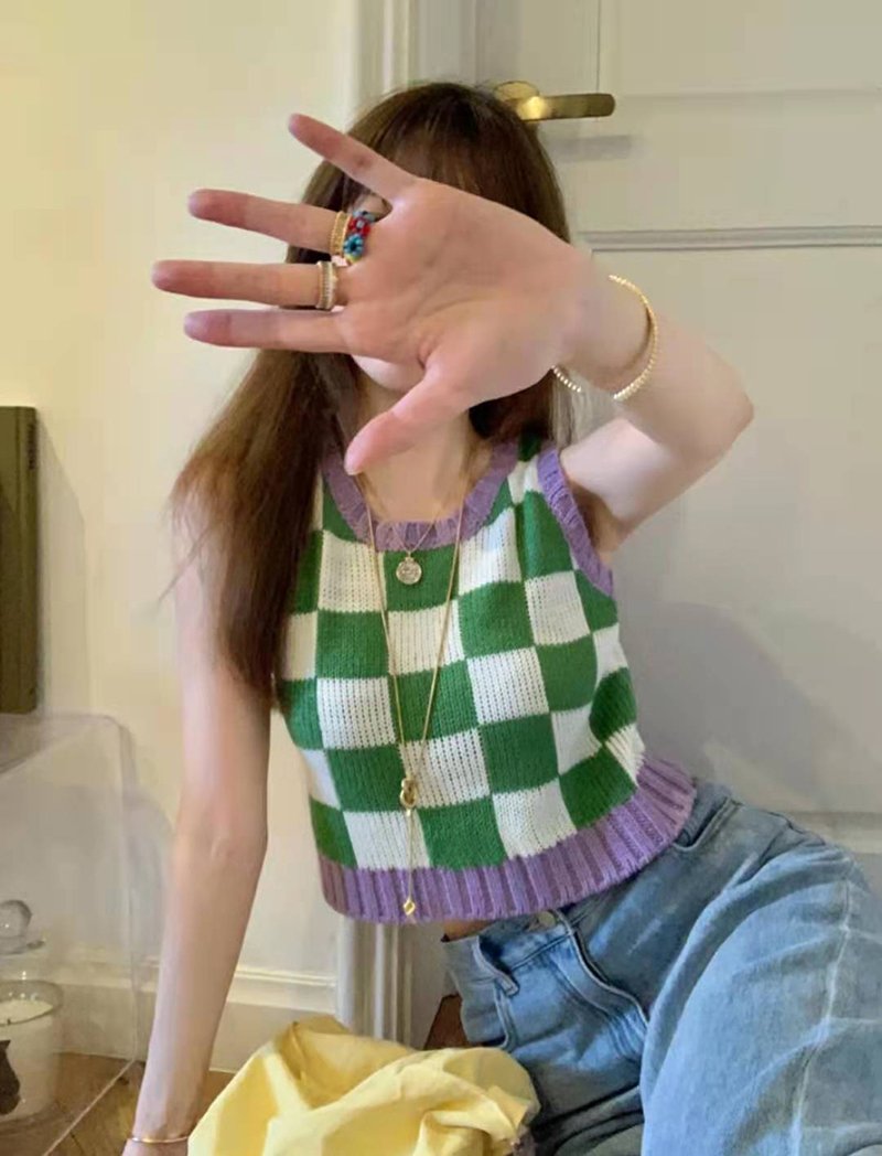 Color Block Ribbed Trimmed Check Knit Vest Cropped Sleeveless Tank Jumper on sale - SOUISEE