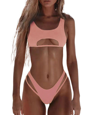 Sexy Ribbed Upside Down Cut Out Crop Top Bikini Set