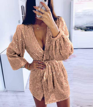 Glitter Deep V Neck Tie Waist Long Sleeve Sparkly Dress on sale - SOUISEE