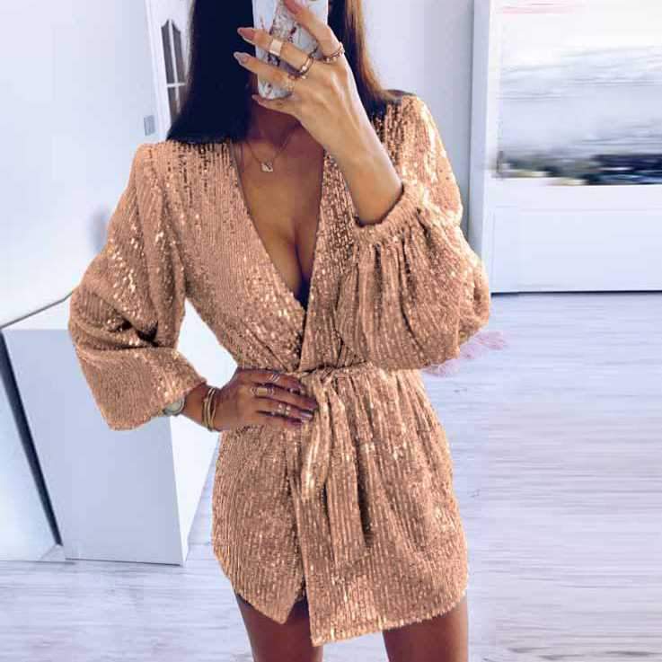 Glitter Deep V Neck Tie Waist Long Sleeve Sparkly Dress on sale - SOUISEE