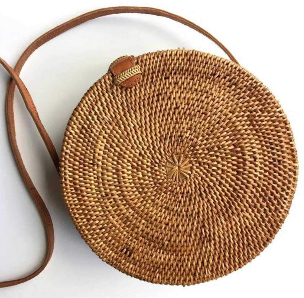 Boho Handmade Round Woven Handbag Bali Rattan Crossbody Beach Bag on sale - SOUISEE
