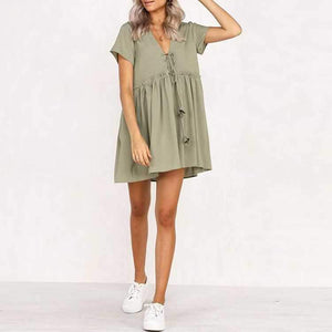 Stomach Hide Casual Deep Plunge Front Tie Shift Swing Dress on sale - SOUISEE
