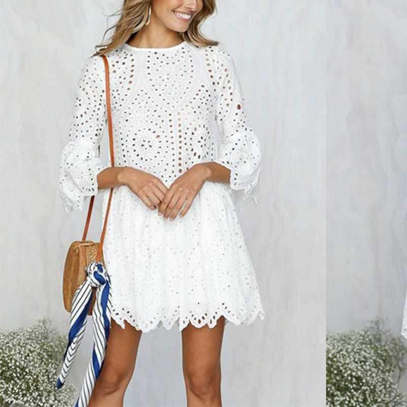 Casual Scalloped Trim Hemline Eyelet Lace Swing Dress on sale - SOUISEE