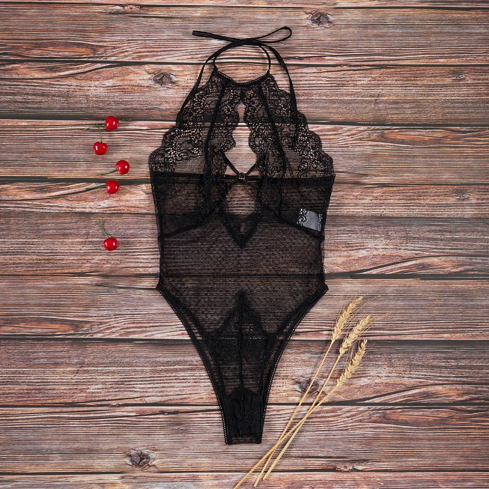 Sexy Strappy Dotted Floral Sheer Mesh Black Lace Lingerie on sale - SOUISEE