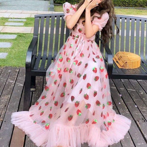 Sparkly Sequin Strawberry Midi Dress Ruffle Mesh Tulle Ball Gown on sale - SOUISEE