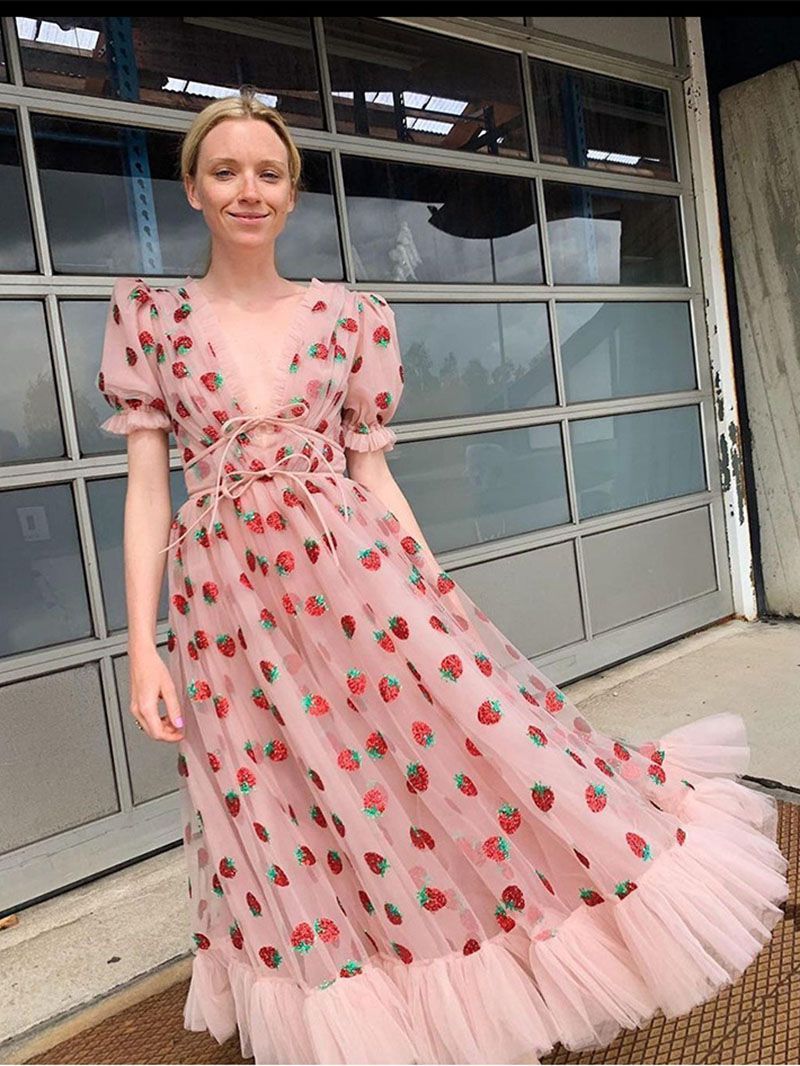 Sparkly Sequin Strawberry Midi Dress Ruffle Mesh Tulle Ball Gown on sale - SOUISEE