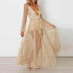 Gitter Sequins Deep Plunge Tie Waist Long Sleeve Sheer Mesh Dress on sale - SOUISEE