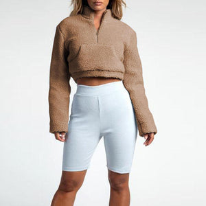 Polo Cropped Faux Fur Coat Fleece Lined Shearling Sweatshirt Pullover With Pocket on sale - SOUISEE