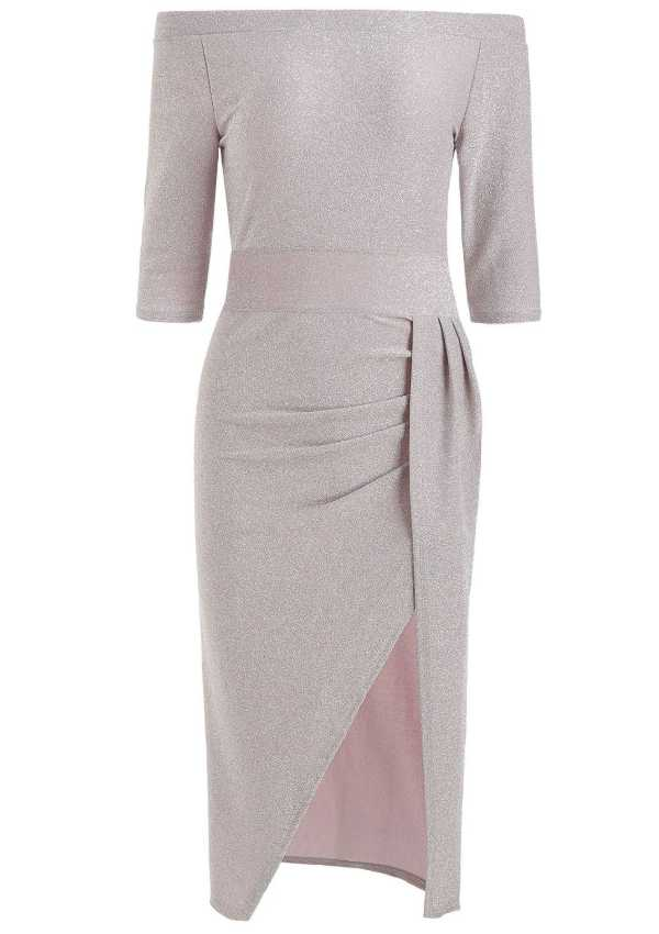 Glitter Half Sleeve High Waisted Off The Shoulder Split Dress on sale - SOUISEE