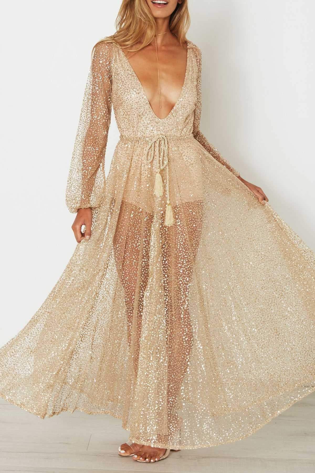 Gitter Sequins Deep Plunge Tie Waist Long Sleeve Sheer Mesh Dress on sale - SOUISEE