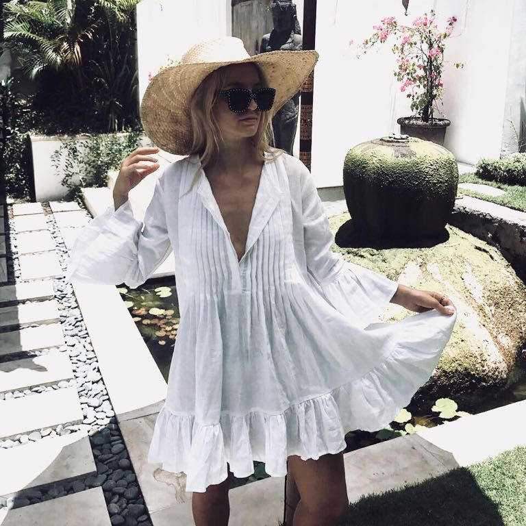 Oversized Casual Button Up Ruched Ruffle Hem Short Beach Dress on sale - SOUISEE