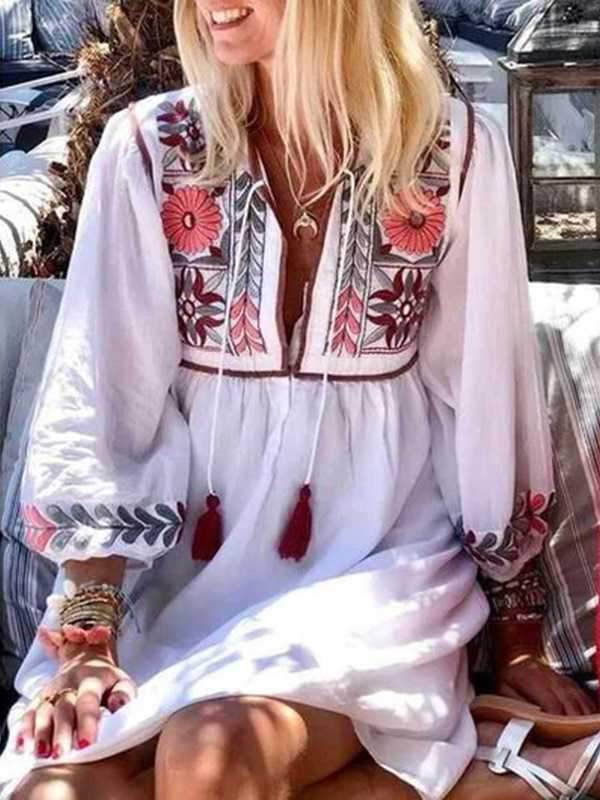 Boho Chic Floral Prints White Short hippie dresses on sale - SOUISEE
