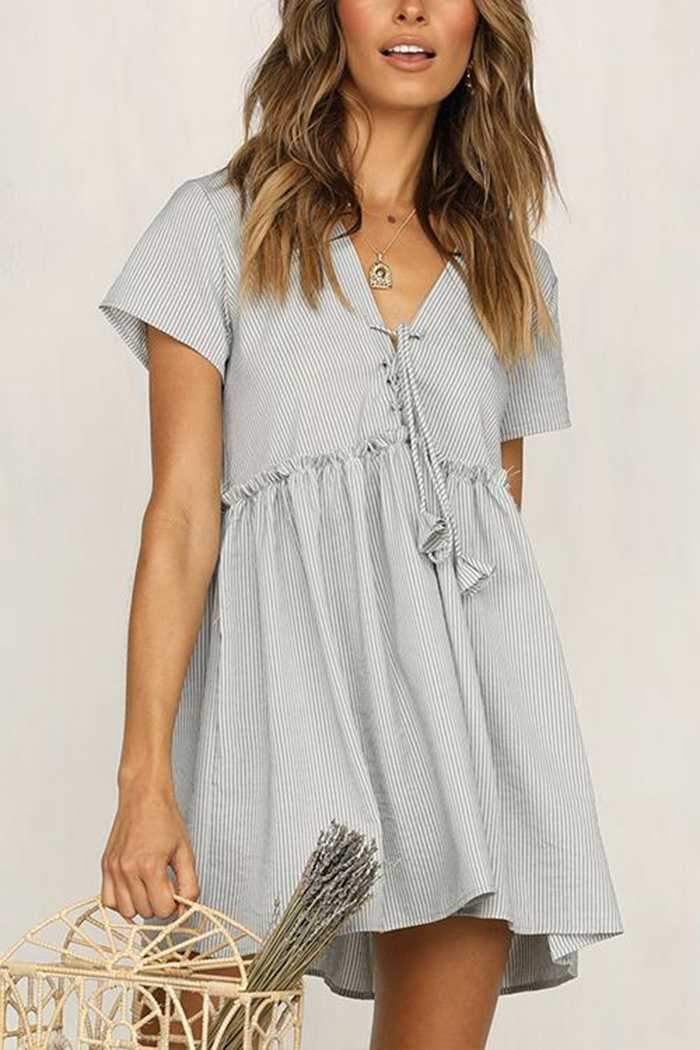 Stomach Hide Casual Deep Plunge Front Tie Shift Swing Dress on sale - SOUISEE