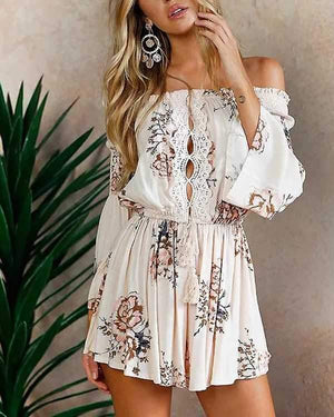 Boho Front Tie Waist Off Shoulder Floral Romper Dress