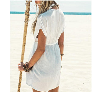 Vacation Deep V Neck White Crochet Lace Beach Dress Cover Ups on sale - SOUISEE