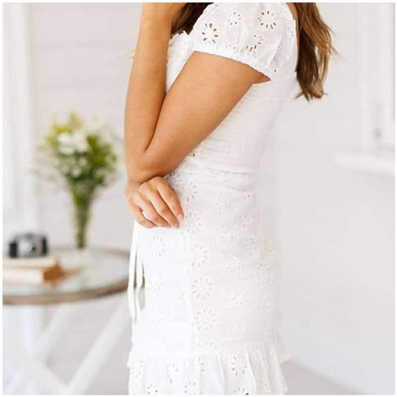 Elegant Criss Cross White Lace Eyelet Dress Puff Sleeve on sale - SOUISEE