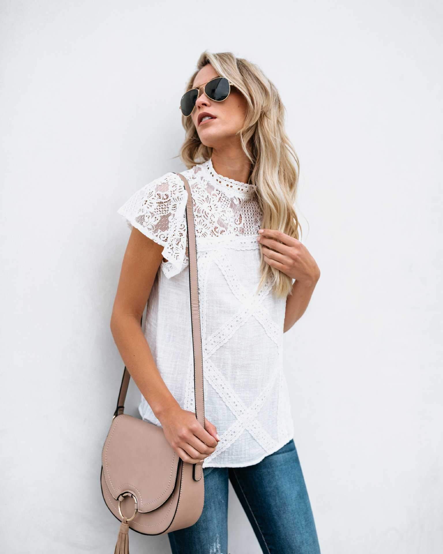 Cute Boho Chic Short Sleeve Lace Shoulder Blouse Shirts on sale - SOUISEE