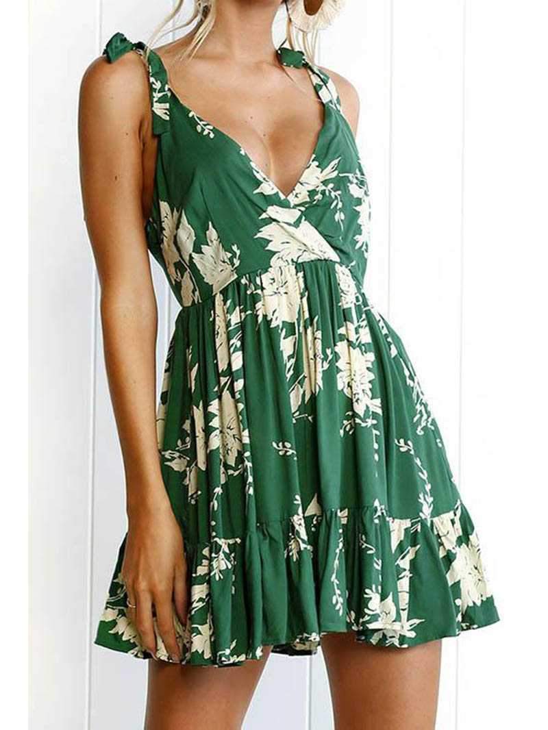 Floral Flowy Plunge Short Dress Open Backs on sale - SOUISEE
